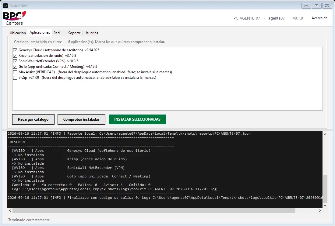 Pestaña Aplicaciones: catálogo con Genesys Cloud, Krisp, NetExtender y GoTo marcados, y el resultado de Comprobar instaladas